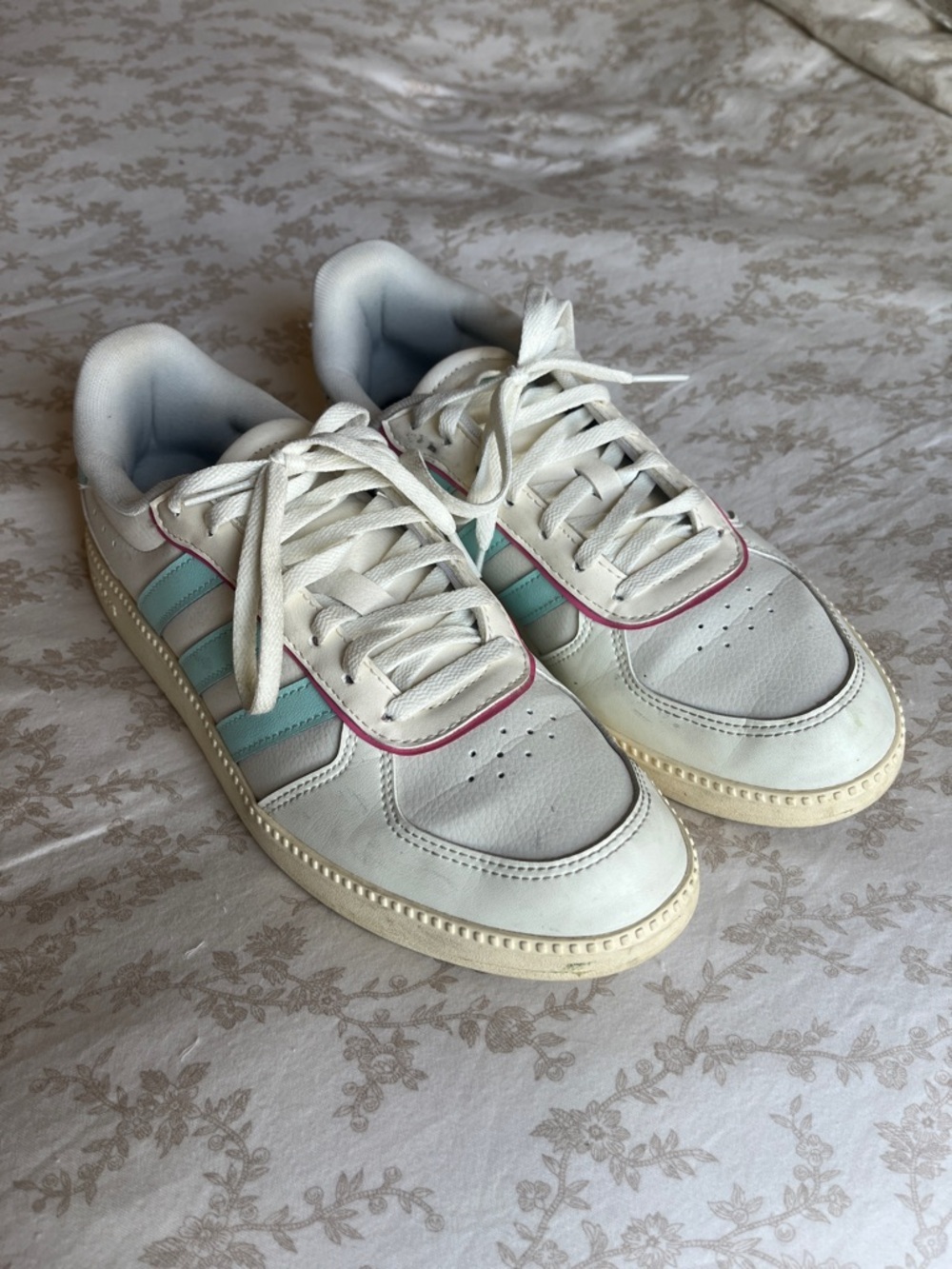 adidas White Sneakers with Teal Stripes and Pink Trim